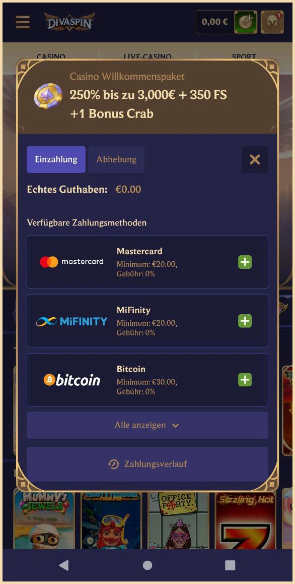 Übersicht aller Divaspin Einzahlungsmethoden für Spieler
