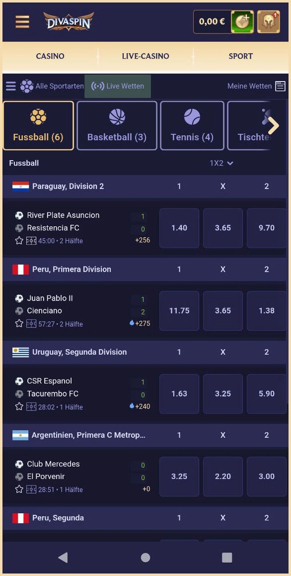 Pre-Match-Wetten bei Divaspin