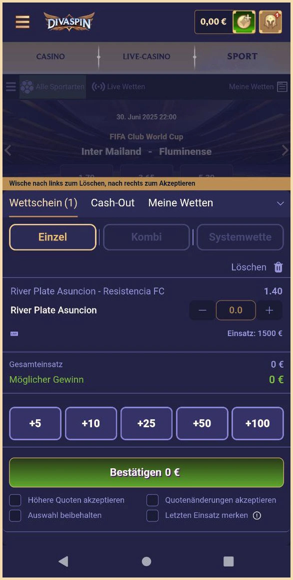 Pre-Match-Wetten bei Divaspin abgeben