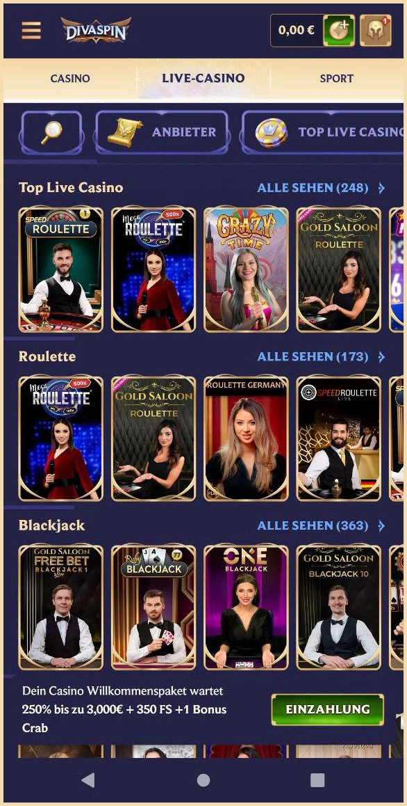 Top Live Casino Spiele bei Divaspin entdecken