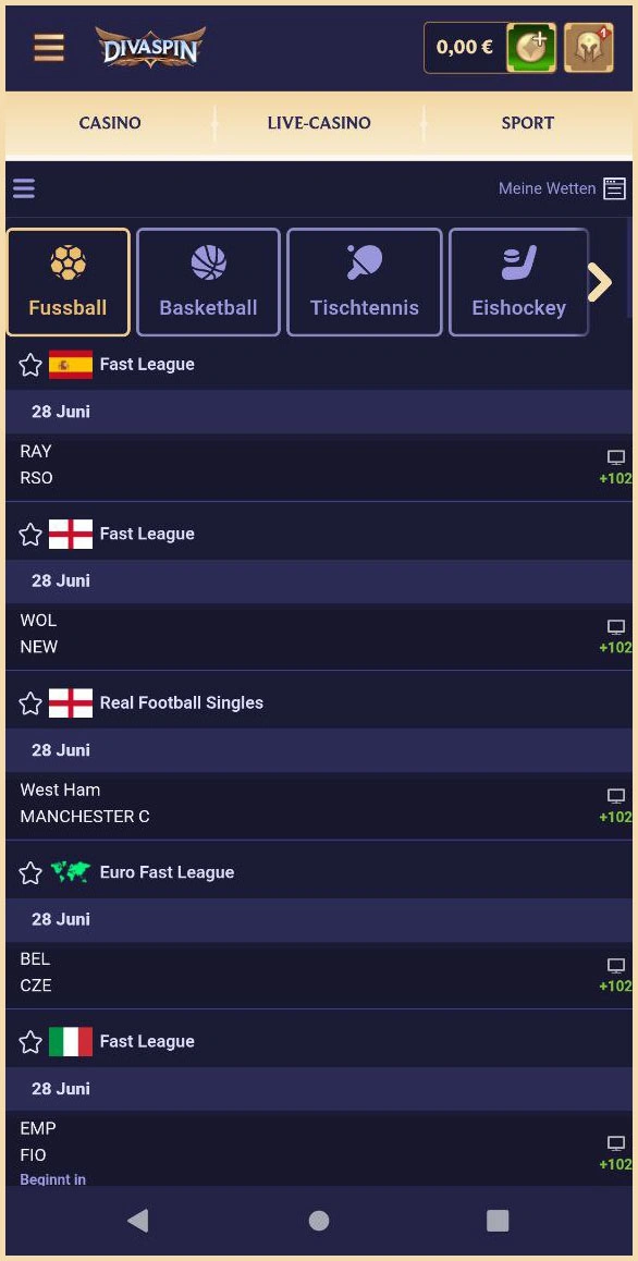 Virtuelle Sportarten und Wettmöglichkeiten im Divaspin Casino